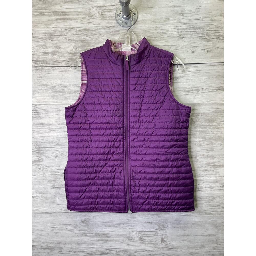 Weekends by Chicos Vest Womens Size L Purple Quilted Zip Marbled Lining Puffer